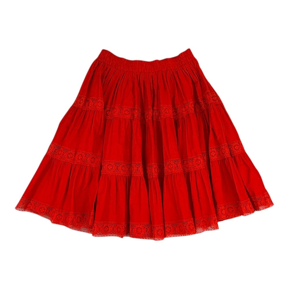 Vintage Square Dance Skirt Women Size Large Red Tiered Lace Boho Rockabilly